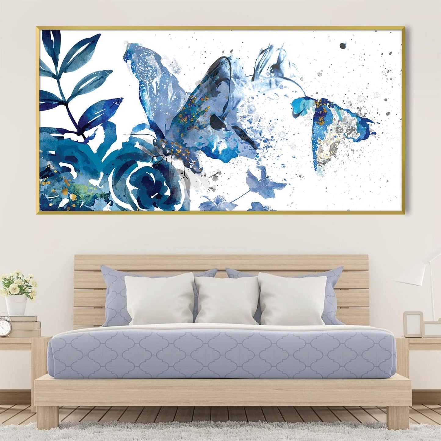 Elegant Blue Butterflies Abstract Floral Oil Painting for Modern Decor