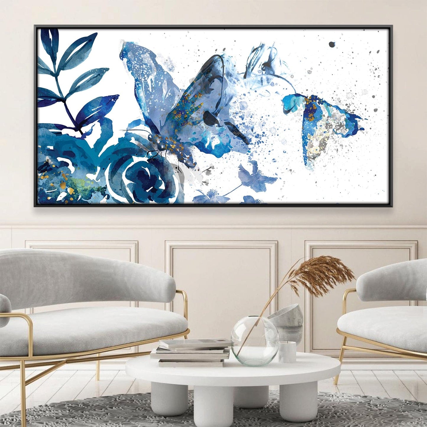 Elegant Blue Butterflies Abstract Floral Oil Painting for Modern Decor