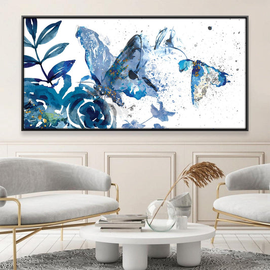 Elegant Blue Butterflies Abstract Floral Oil Painting for Modern Decor
