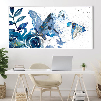 Elegant Blue Butterflies Abstract Floral Oil Painting for Modern Decor