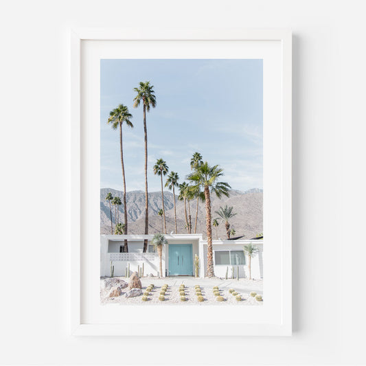 Serene Coastal Escape: Vibrant Blue Door and Palm Trees Oil Painting