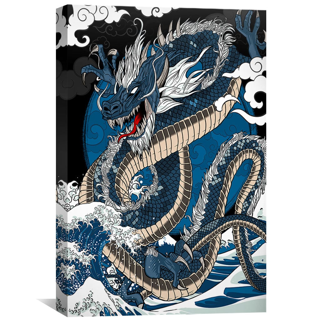 Majestic Blue Dragon Oil Painting with Dynamic Waves and Clouds