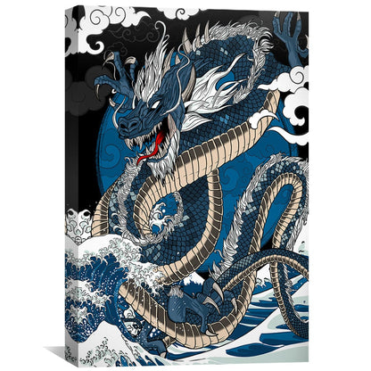 Majestic Blue Dragon Oil Painting with Dynamic Waves and Clouds