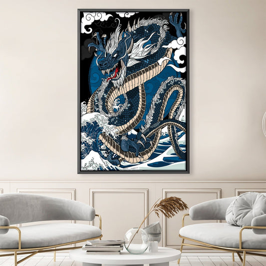 Majestic Blue Dragon Oil Painting with Dynamic Waves and Clouds