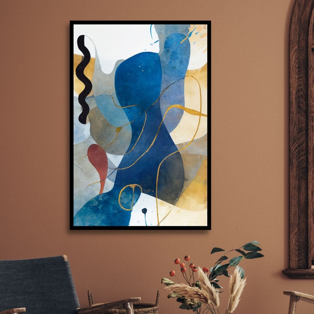 Ocean-Inspired Blue and Yellow Geometric Abstract Oil Painting for Modern Decor