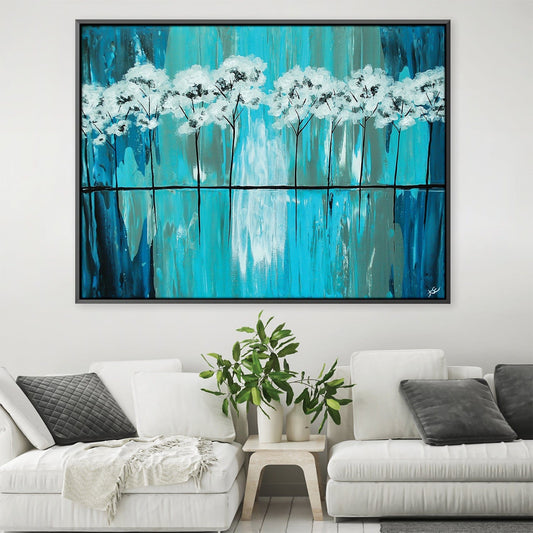 Serene Blue Gray Arboretum Oil Painting for Modern Home Decor