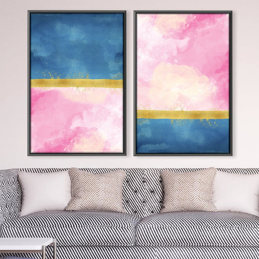 Vibrant Blue and Pink Abstract Oil Painting with Gold Accents