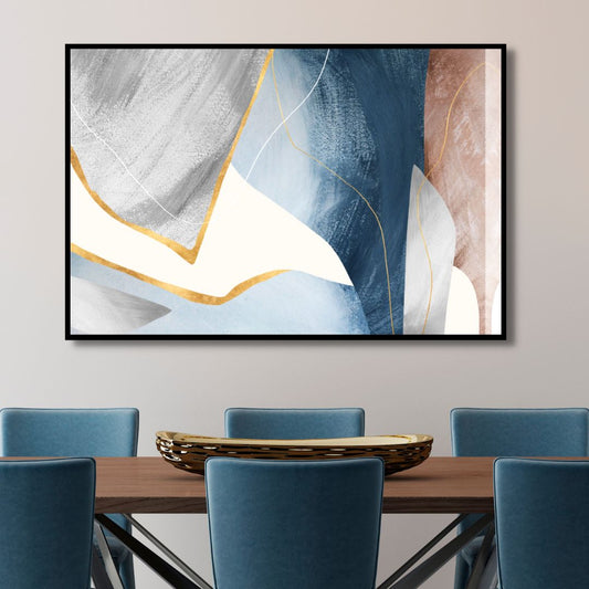 Elegant Blue and Gold Geometric Abstract Oil Painting for Modern Home Decor
