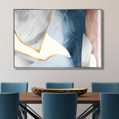 Elegant Blue and Gold Geometric Abstract Oil Painting for Modern Home Decor