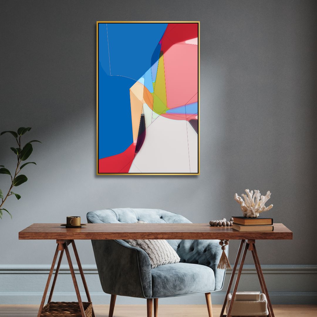 Vibrant Abstract Oil Painting in Blue, Red, and Pink Color Palette for Modern Decor