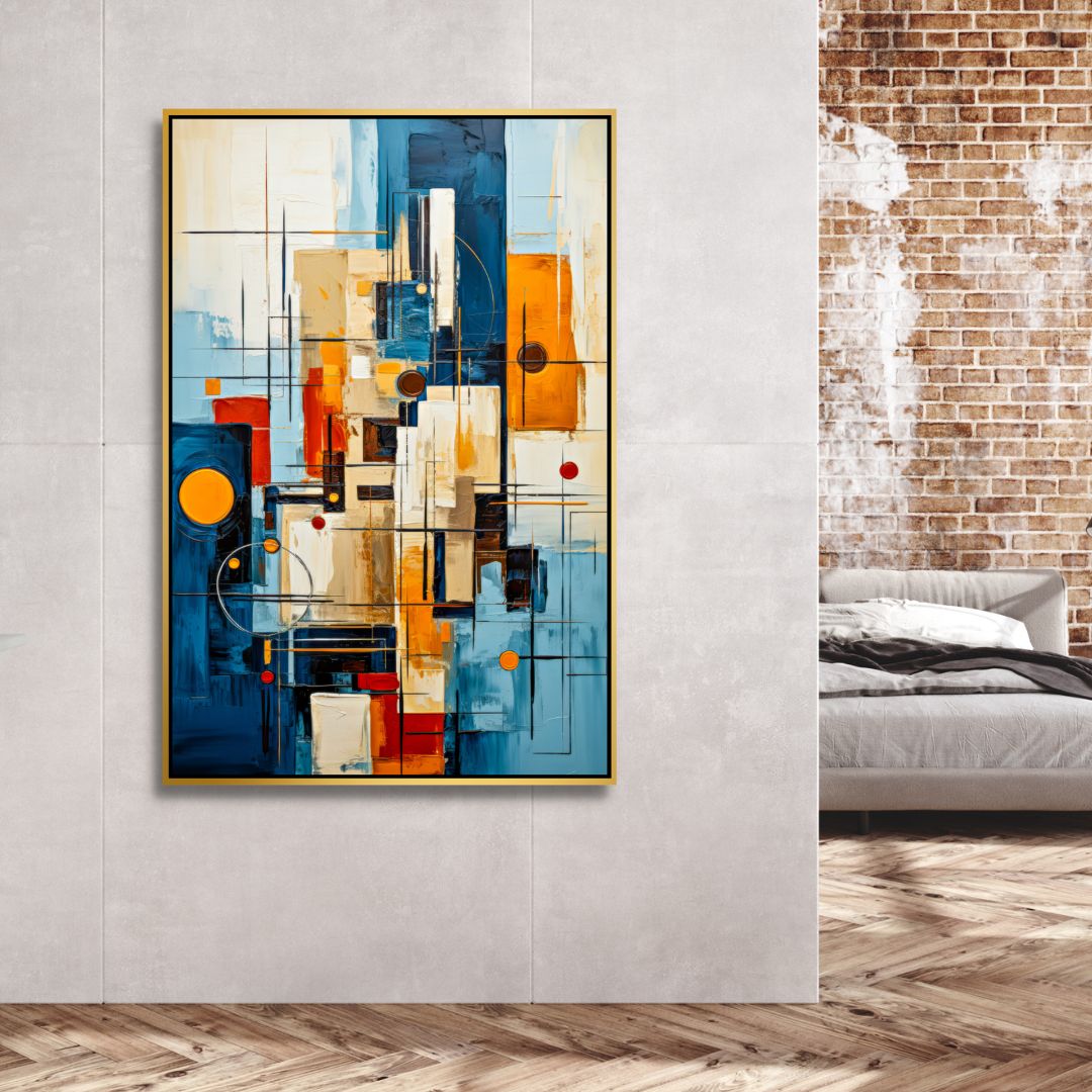 Vibrant Abstract Oil Painting with Blue, Red, Yellow and Geometric Shapes