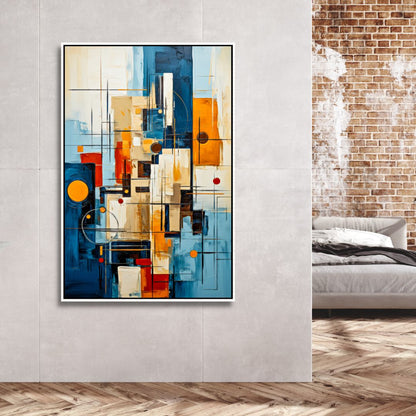 Vibrant Abstract Oil Painting with Blue, Red, Yellow and Geometric Shapes