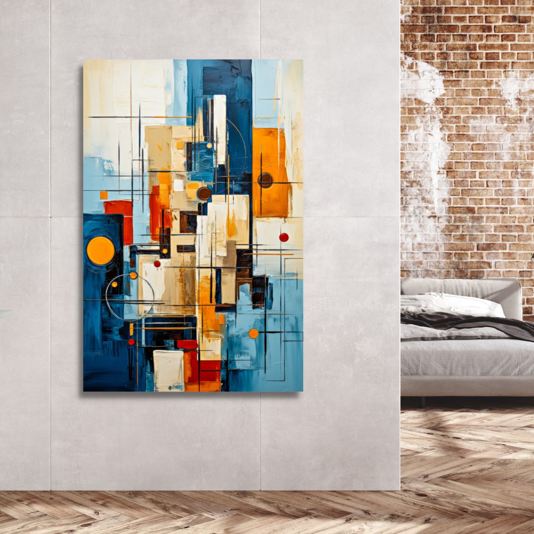 Vibrant Abstract Oil Painting with Blue, Red, Yellow and Geometric Shapes