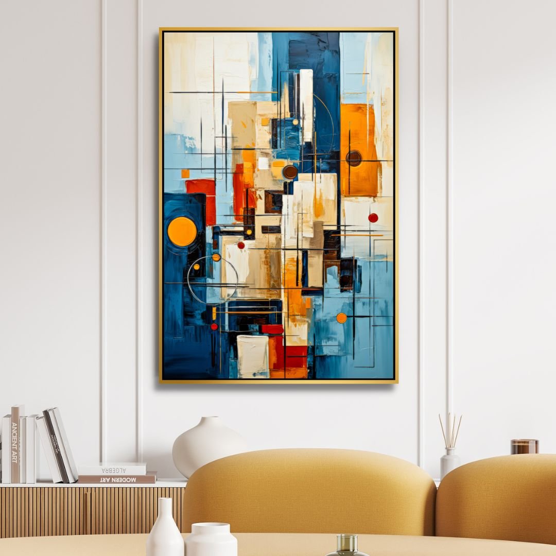 Vibrant Abstract Oil Painting with Blue, Red, Yellow and Geometric Shapes