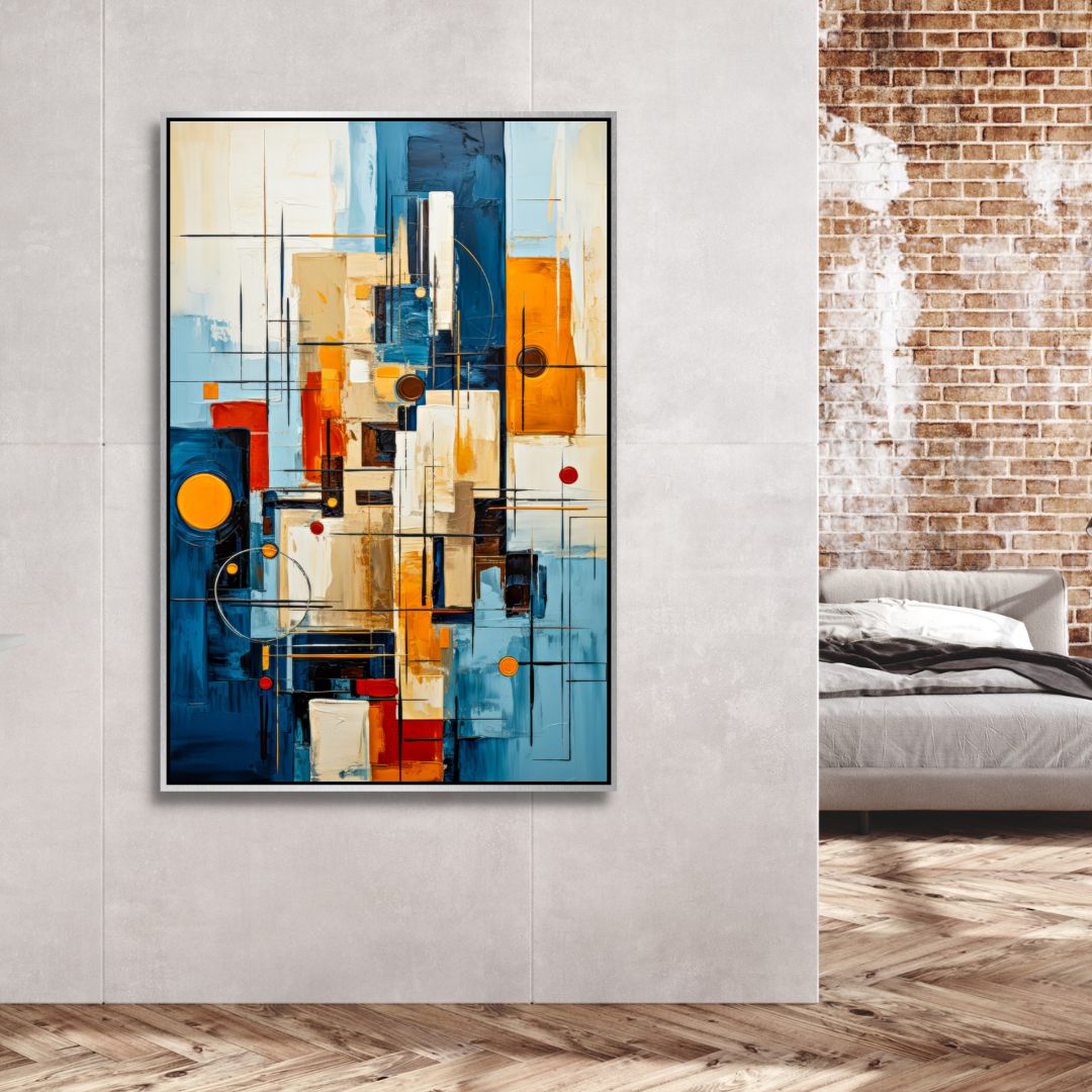 Vibrant Abstract Oil Painting with Blue, Red, Yellow and Geometric Shapes