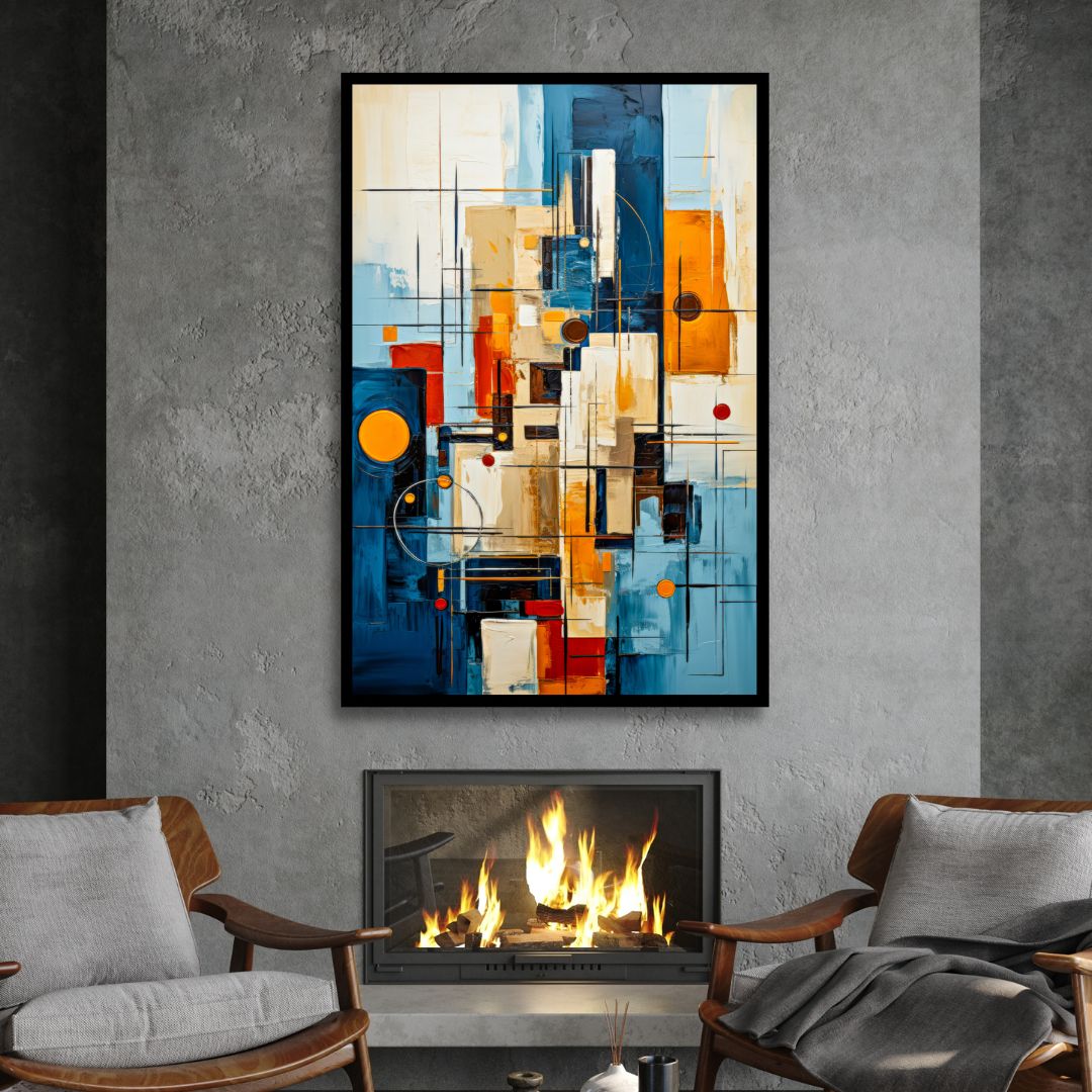 Vibrant Abstract Oil Painting with Blue, Red, Yellow and Geometric Shapes