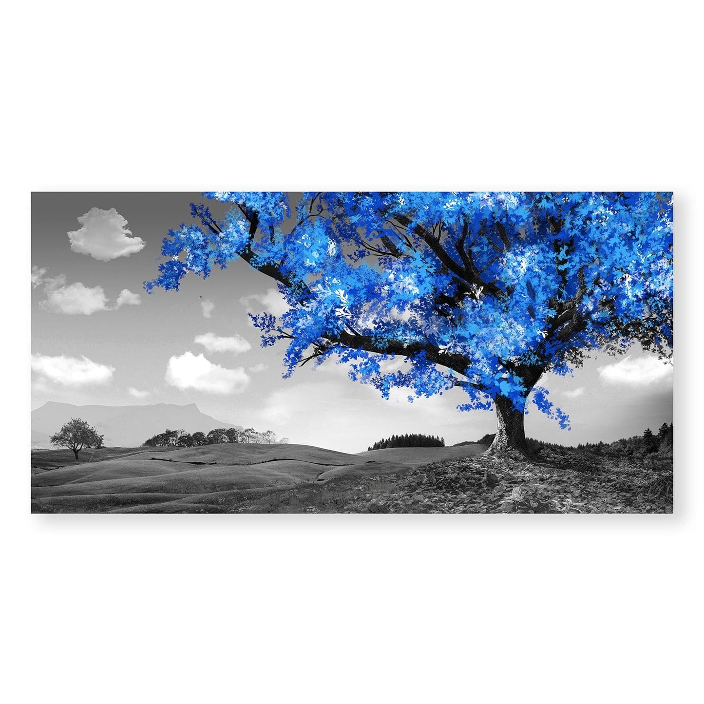 Vibrant Blue Tree in Monochrome Landscape Oil Painting for Modern Décor