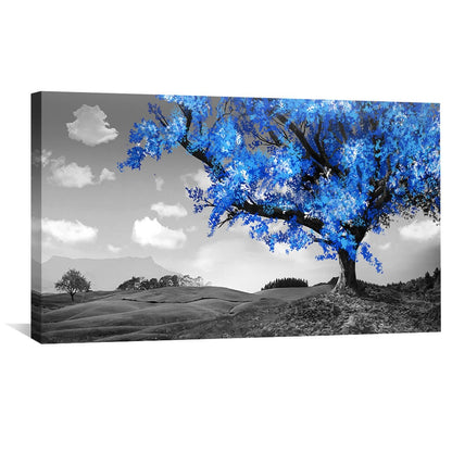 Vibrant Blue Tree in Monochrome Landscape Oil Painting for Modern Décor