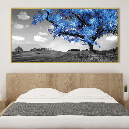 Vibrant Blue Tree in Monochrome Landscape Oil Painting for Modern Décor