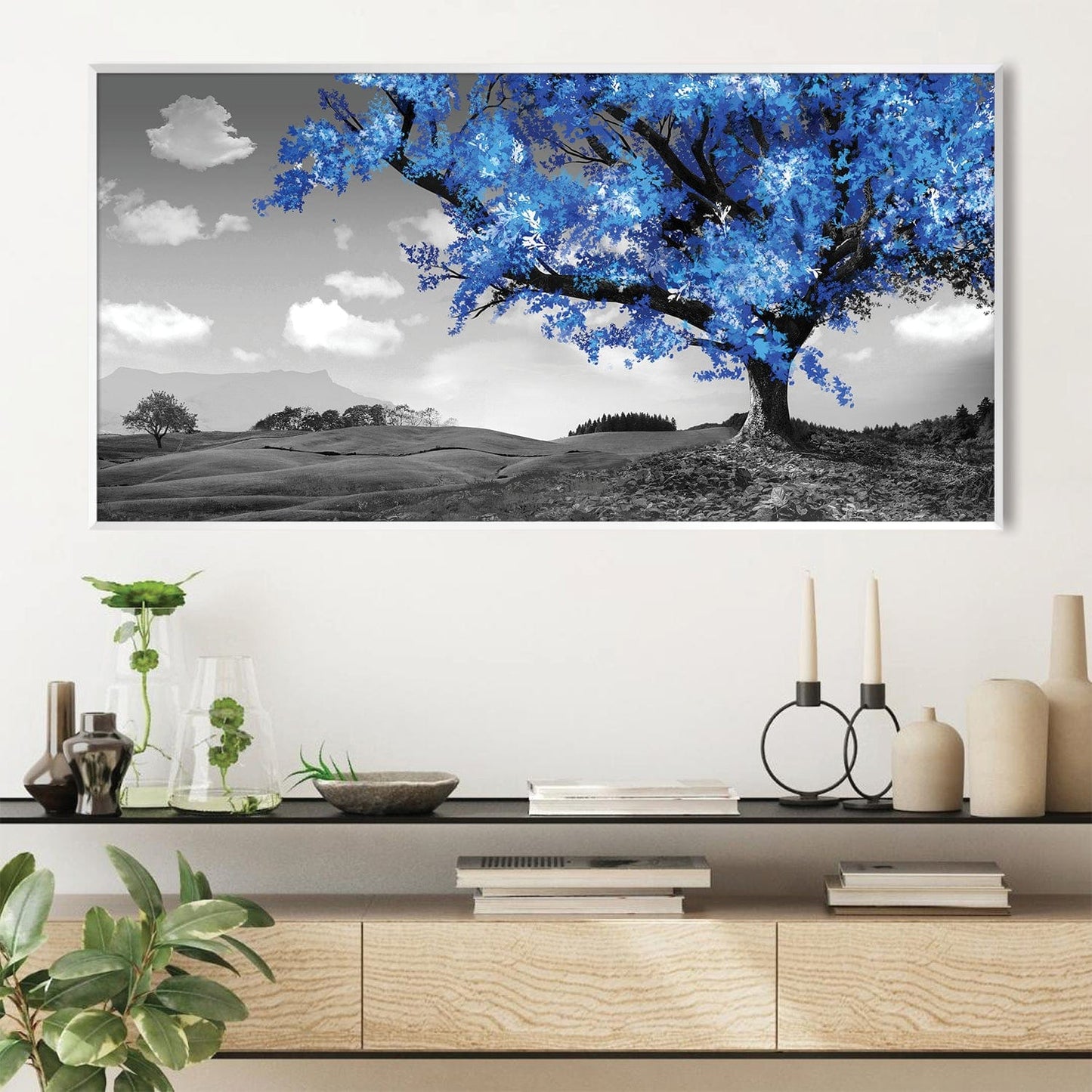 Vibrant Blue Tree in Monochrome Landscape Oil Painting for Modern Décor