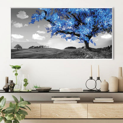 Vibrant Blue Tree in Monochrome Landscape Oil Painting for Modern Décor