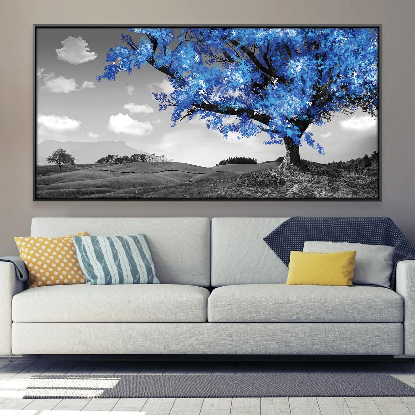 Vibrant Blue Tree in Monochrome Landscape Oil Painting for Modern Décor