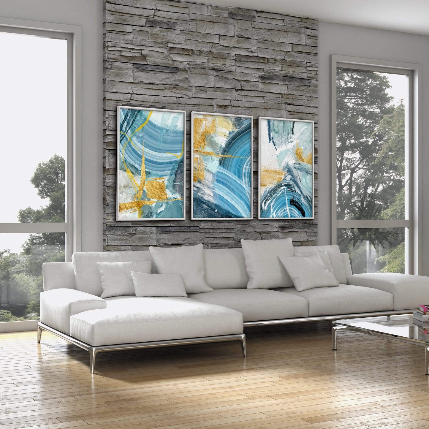 Stunning Blue and Gold Abstract Oil Painting for Modern Home Decor