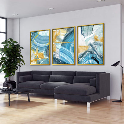 Stunning Blue and Gold Abstract Oil Painting for Modern Home Decor