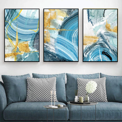 Stunning Blue and Gold Abstract Oil Painting for Modern Home Decor