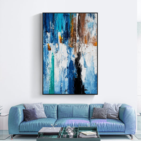 Vibrant Abstract Blue Canyon Oil Painting for Modern Home Decor