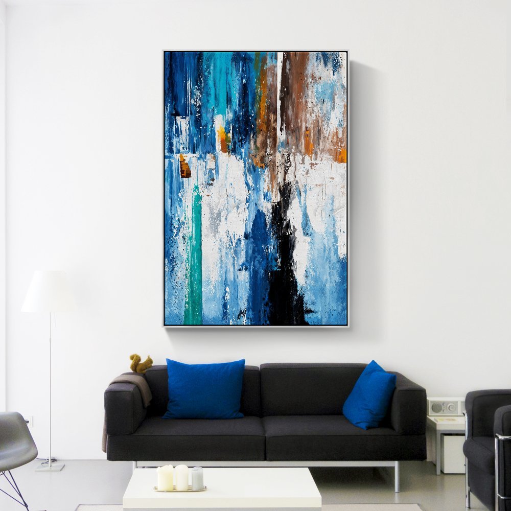 Vibrant Abstract Blue Canyon Oil Painting for Modern Home Decor