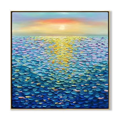 Vibrant Blue Ocean Sunset Oil Painting for Home Decor and Art Lovers