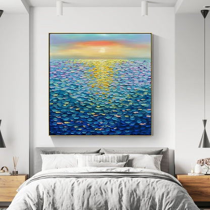 Vibrant Blue Ocean Sunset Oil Painting for Home Decor and Art Lovers