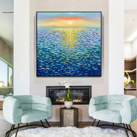 Vibrant Blue Ocean Sunset Oil Painting for Home Decor and Art Lovers