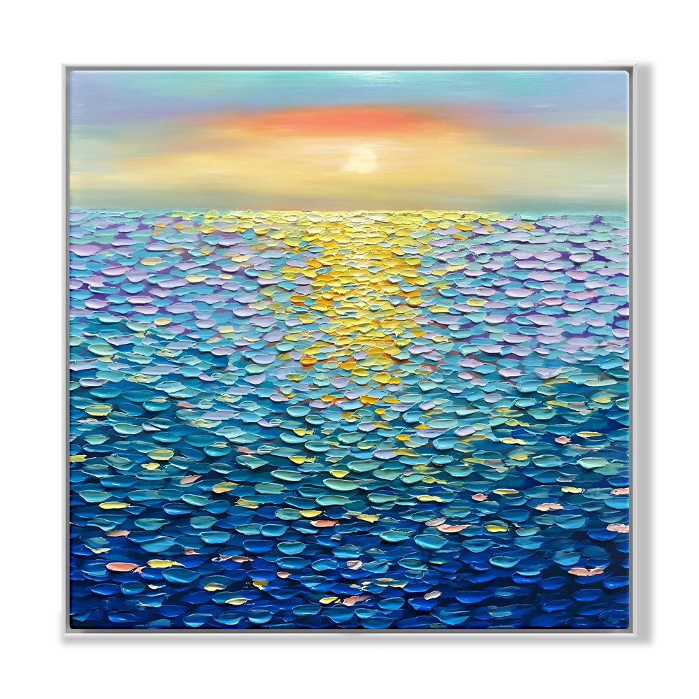 Vibrant Blue Ocean Sunset Oil Painting for Home Decor and Art Lovers