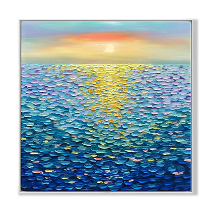Vibrant Blue Ocean Sunset Oil Painting for Home Decor and Art Lovers