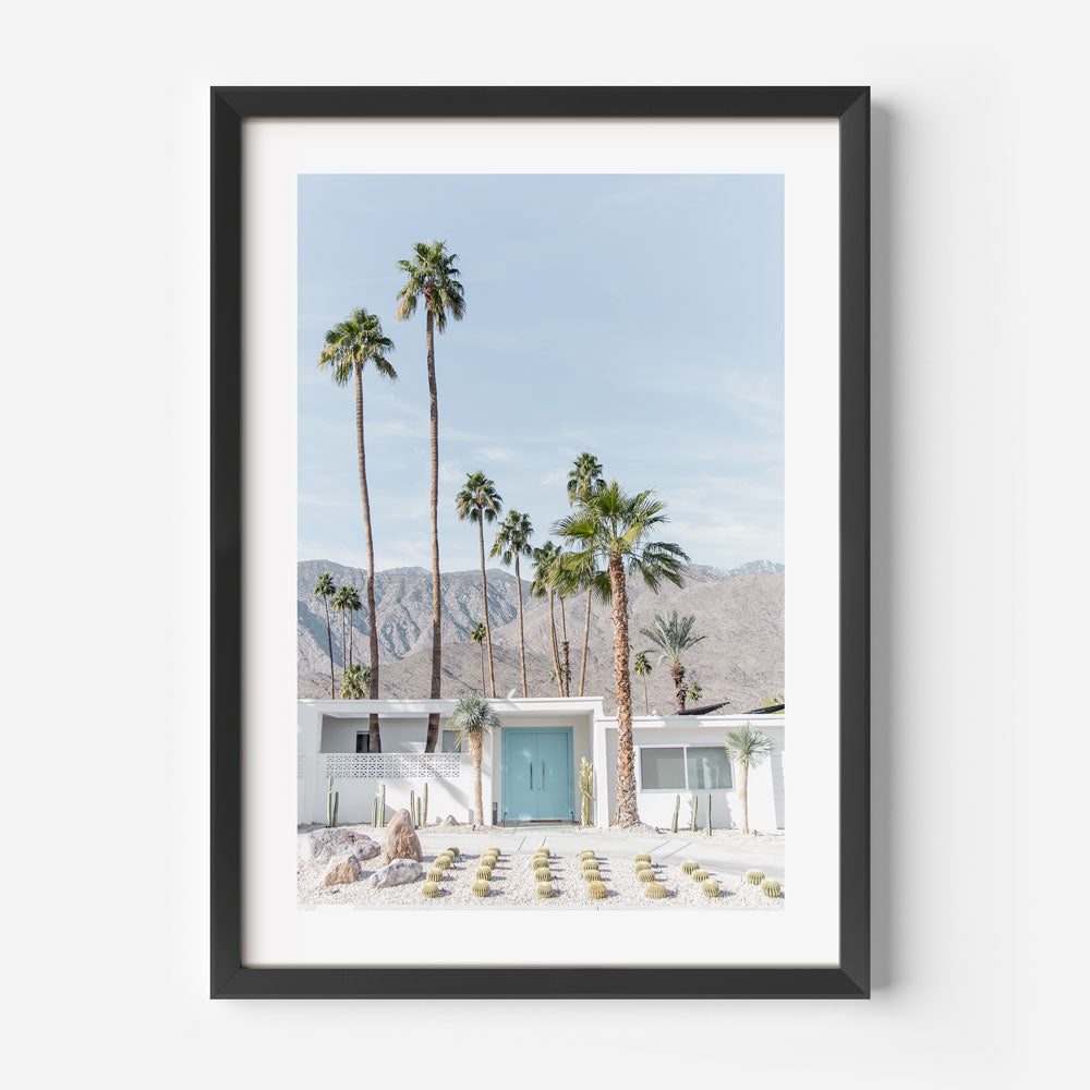 Serene Coastal Escape: Vibrant Blue Door and Palm Trees Oil Painting