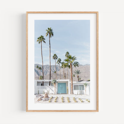 Serene Coastal Escape: Vibrant Blue Door and Palm Trees Oil Painting