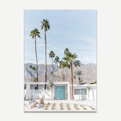 Serene Coastal Escape: Vibrant Blue Door and Palm Trees Oil Painting