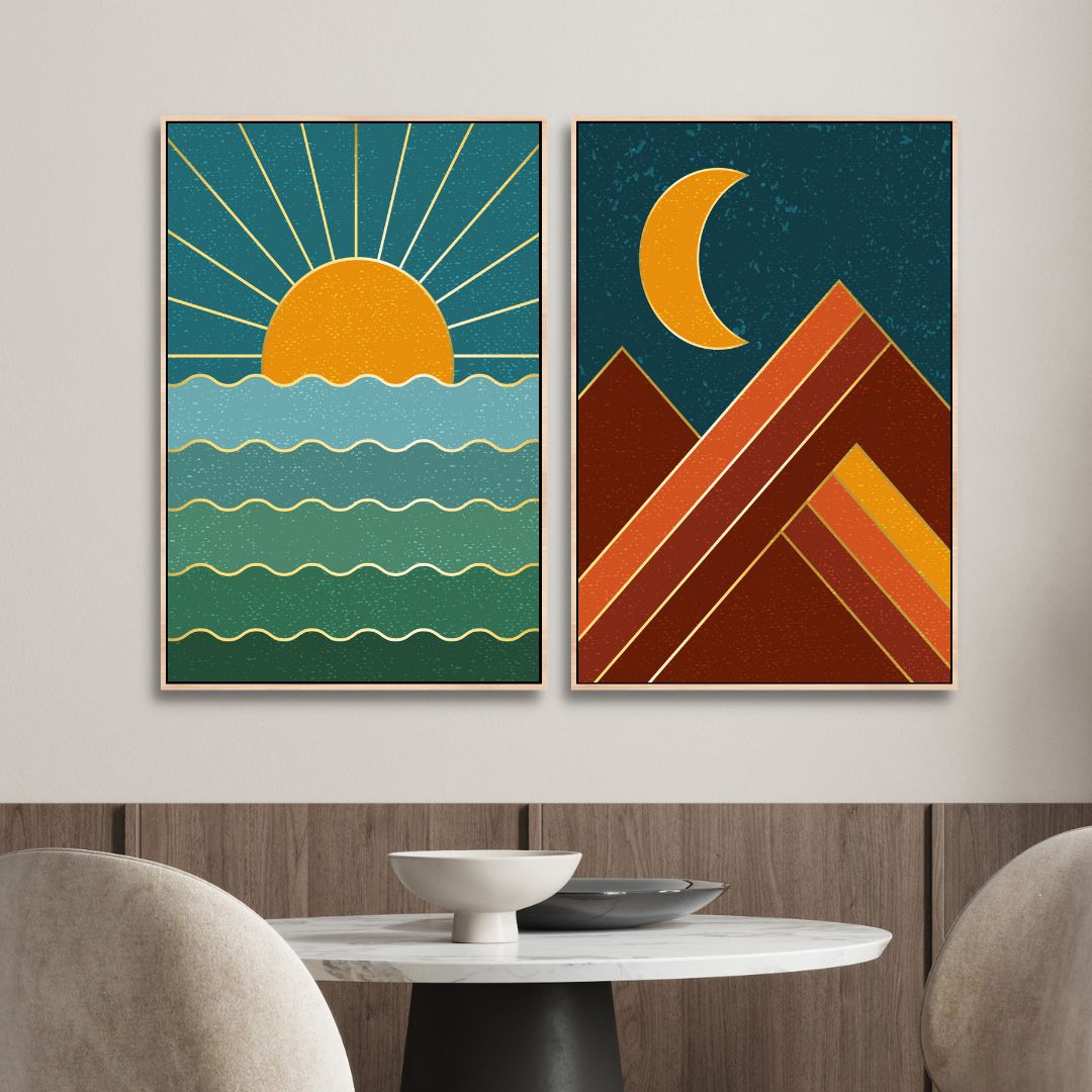 Bohemian Sun, Moon, and Sea Mountain Oil Painting for Vibrant Home Decor