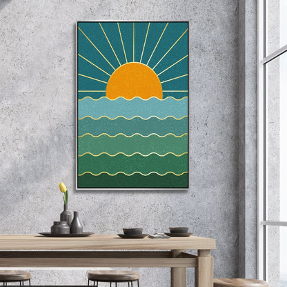 Bohemian Sun, Moon, and Sea Mountain Oil Painting for Vibrant Home Decor