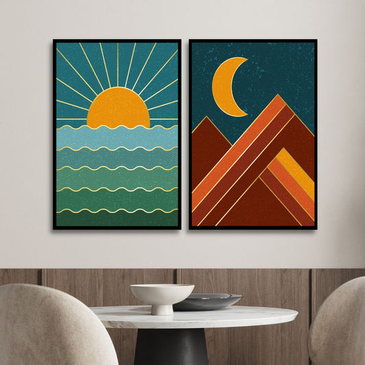 Bohemian Sun, Moon, and Sea Mountain Oil Painting for Vibrant Home Decor