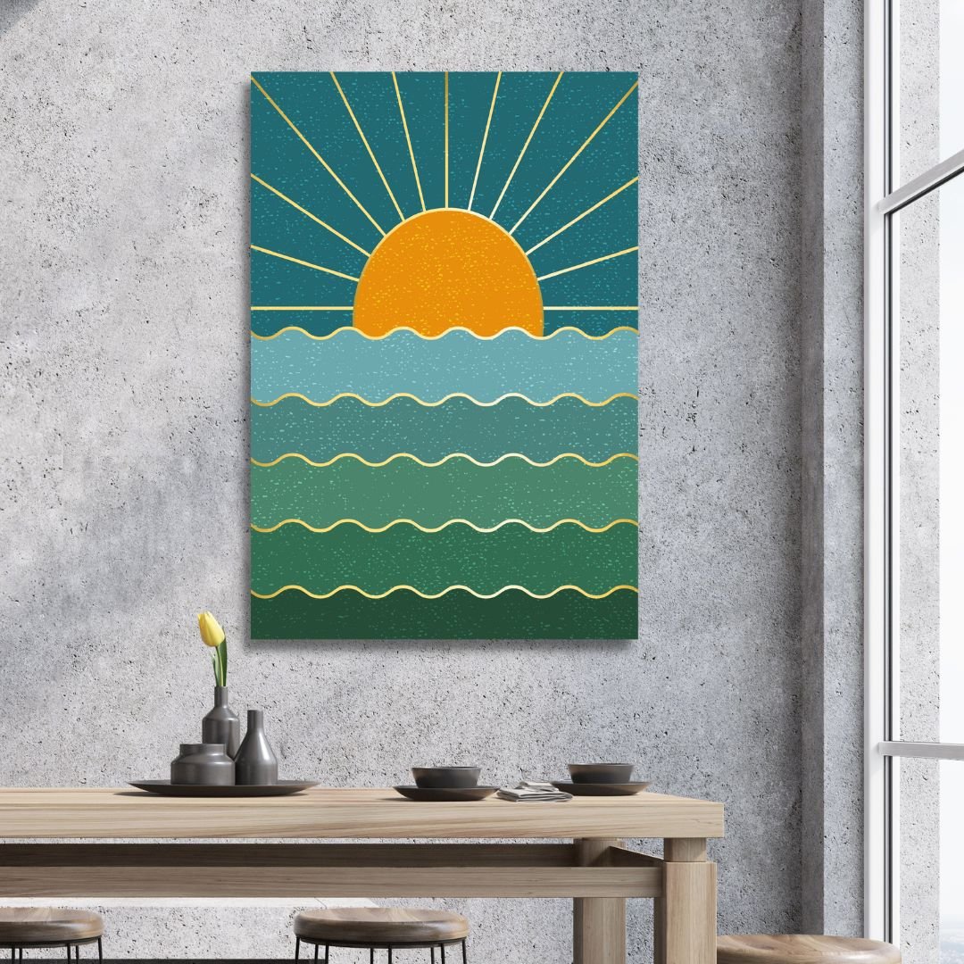 Bohemian Sun, Moon, and Sea Mountain Oil Painting for Vibrant Home Decor