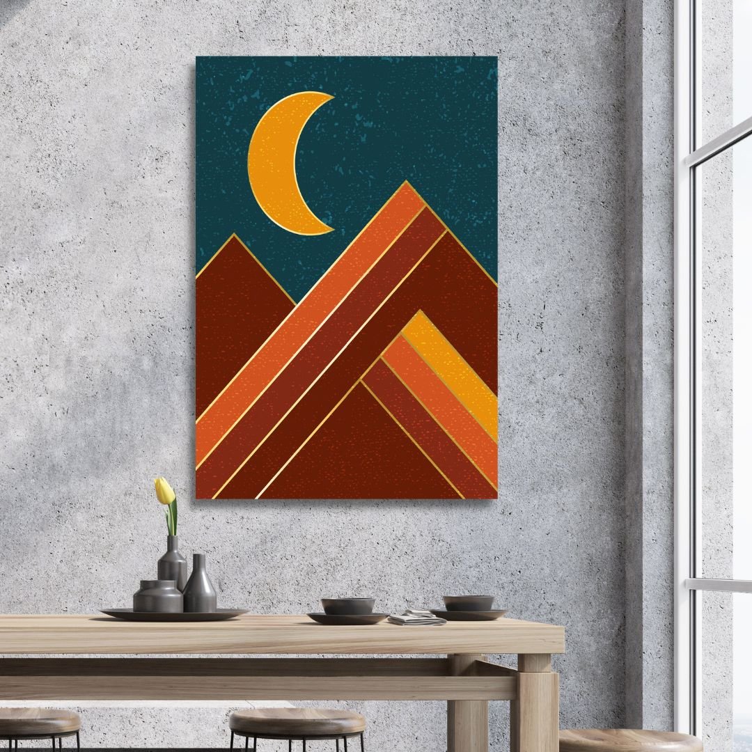 Bohemian Sun, Moon, and Sea Mountain Oil Painting for Vibrant Home Decor