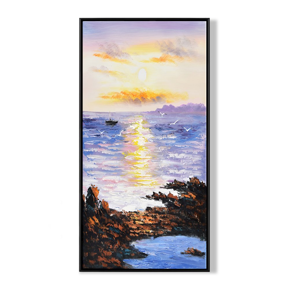 Serene Sunset Over Tranquil Ocean - Coastal Landscape Oil Painting