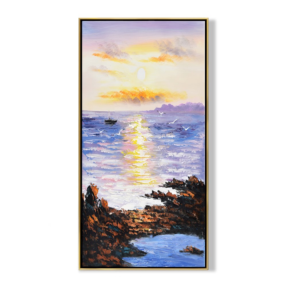 Serene Sunset Over Tranquil Ocean - Coastal Landscape Oil Painting