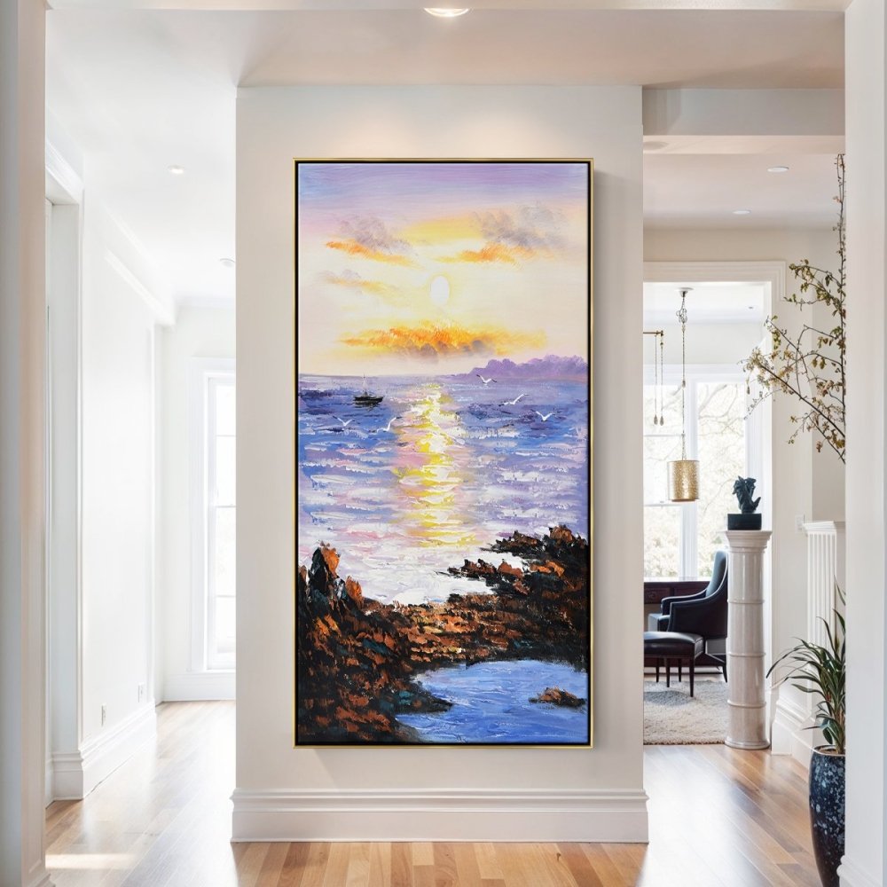 Serene Sunset Over Tranquil Ocean - Coastal Landscape Oil Painting