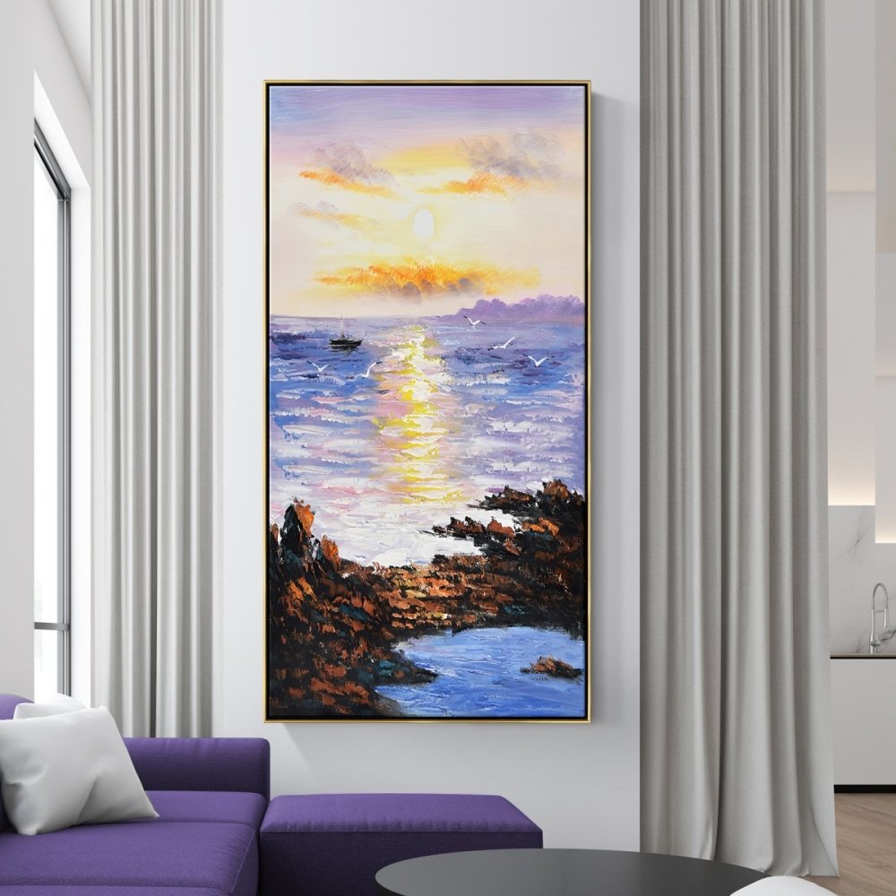 Serene Sunset Over Tranquil Ocean - Coastal Landscape Oil Painting