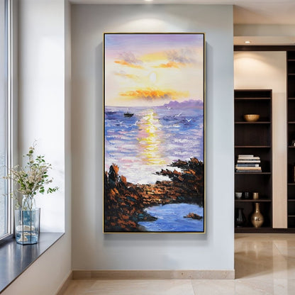 Serene Sunset Over Tranquil Ocean - Coastal Landscape Oil Painting