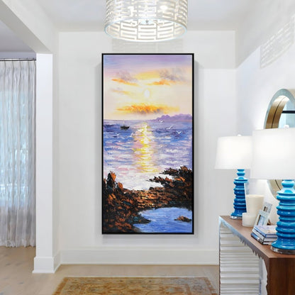 Serene Sunset Over Tranquil Ocean - Coastal Landscape Oil Painting